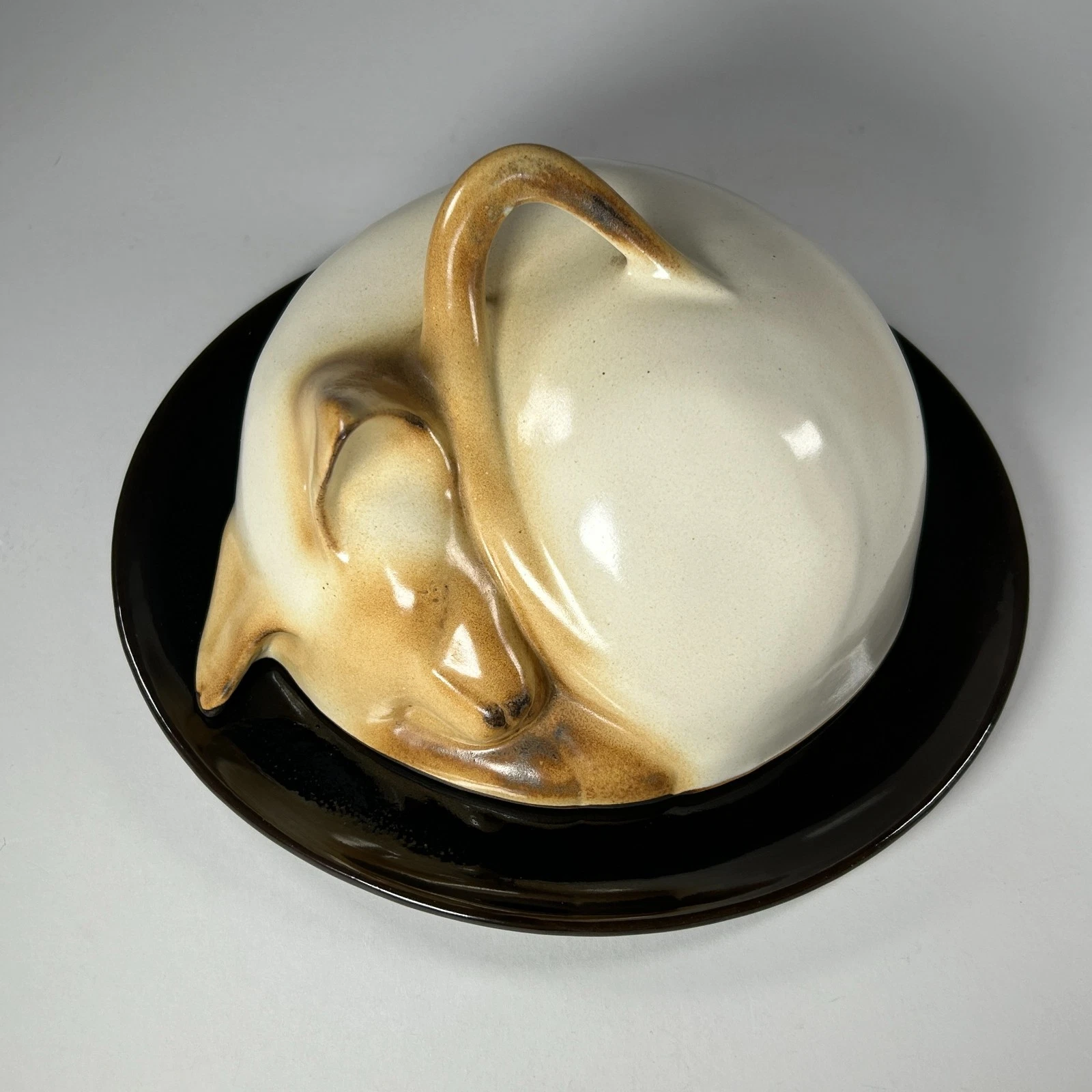 Studio Pottery Sleeping Cat Covered Dish J & P Morten 1998 Signed Butter Dish