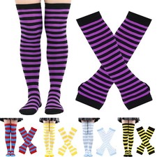 Womens Striped Over Knee Thigh High Long Socks Arm Warmer Fingerless Gloves Set