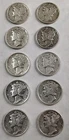 Mercury Dimes Lot Of 10 90% Silver 1 Face 1939 - 1945 Various Dates & Mints #5
