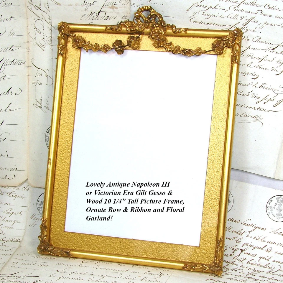 Antiguo marco de fotos de la época victoriana de 10,25", dorado limón, lazo y cinta, guirnalda Foto 2 de 4