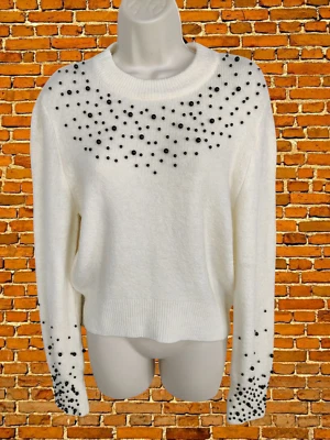 BNWT H&M MEDIUM OFF WHITE JUMPER KNIT CASUAL BEADED CREW SWEATER PULLOVER WOMENS - Image 1 of 4