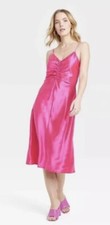 A New Day Size M Pink Cinched Satin Spagetti Straps Sleeveless Slip Dress Midi