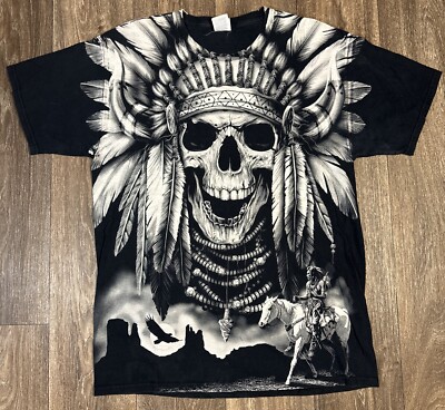 Vintage Y2K Native Chief Skeleton Skull Big Face Grunge Cyber Goth T-Shirt Large