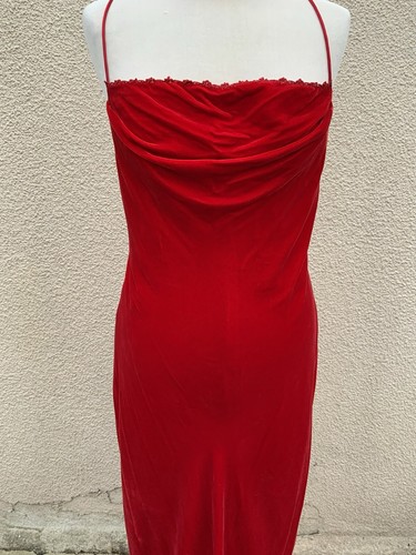 MONSOON VINTAGE Y2K RED SILK VELVET MAXI BALL GOWN DRESS BIAS DECO 16 L - Picture 12 of 13