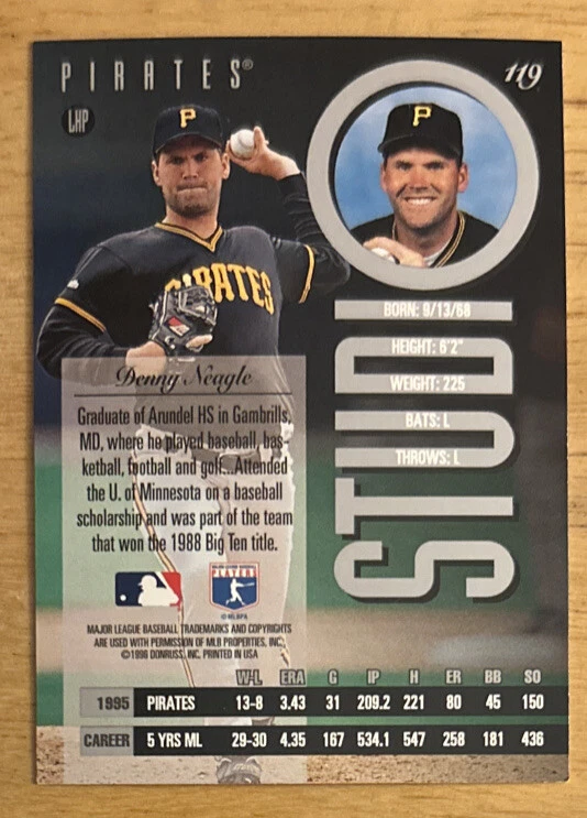 Tarjeta de béisbol 1996 Donruss Leaf Studio Denny Neagle #119 Pirates Pitcher en muy buena condición Foto 2 de 2