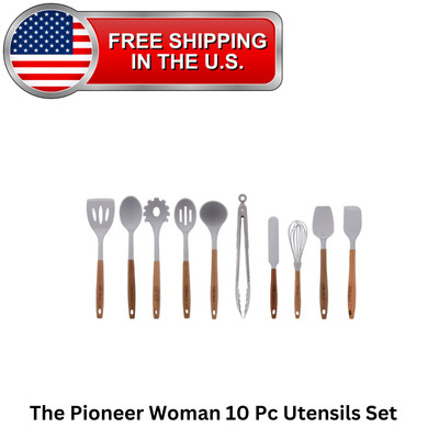 Pioneer Woman Kitchen Cooking Utensils Set 10 Pcs Silicone Acacia Wood Gray