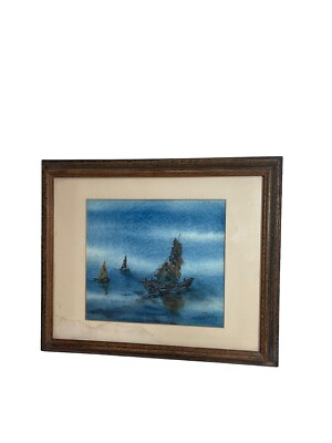 Victor Ing A.W.S. Original Watercolor Abstract Scenic Ships Painting Signed