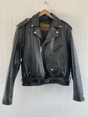 Hudson Leather Mens belted  biker leather jacket size 46