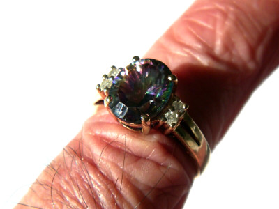 SIZE 7 14K Y GOLD 16X8mm MYSTIC SAPHIRE RING W .12tcw DIAMONDS ACCENT