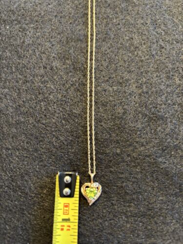 14k Yellow 20” Gold Chain Necklace w/ 10K Gold Heart Pendant Peridot Diamond - Picture 11 of 11
