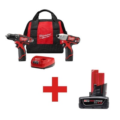 Milwaukee Power 2Tool Combo Kit 12V Li-Ion Cordless Drill/Impact Driver+Charger