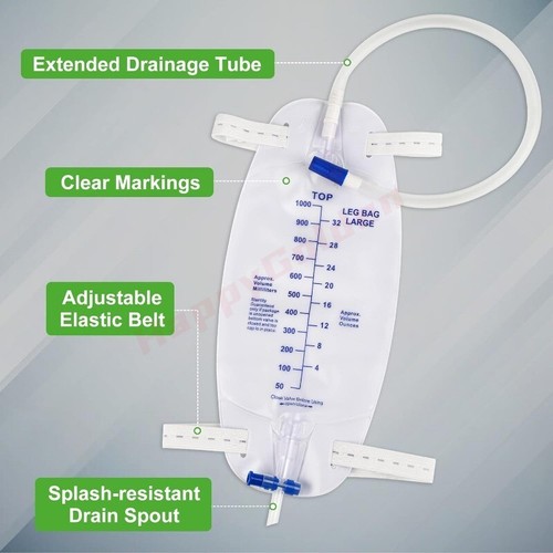 Sacchetto gambe catetere 1000 ml sacchetto drenaggio urinario valvola antireflusso cinghie panno - Foto 2 di 10