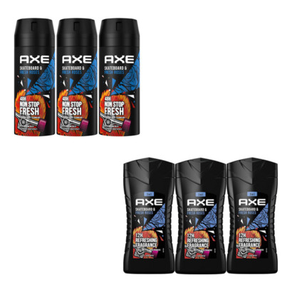 6tlg. Set | AXE Skateboard & Fresh Roses 48H Non Stop Fresh Deospray & Duschgel