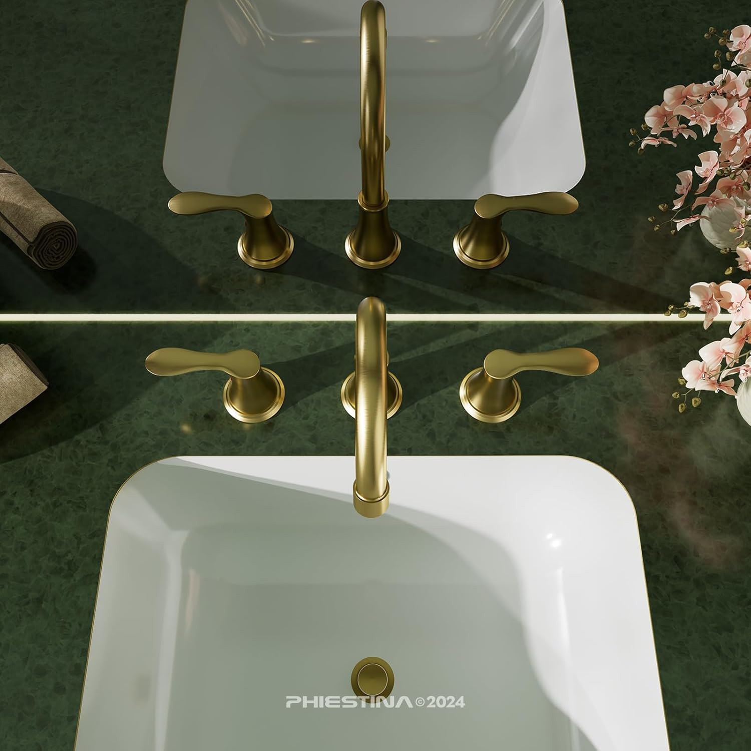 Brushed Gold Widespread 8 Inch 3 Holes Bathroom Faucet，2 Handles Modern Bathroom