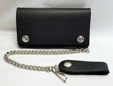 Black Leather Biker Trucker Wallet 6" x 3.5" With 12" Chain MADE IN USA