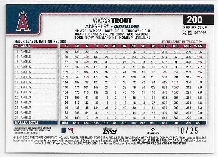 2025 Topps Mike Trout #200 Flagship Orange Foil Auto #'d /25 2025 Topps Mike Trout #200 Flagship Orange Foil Auto #'d /25