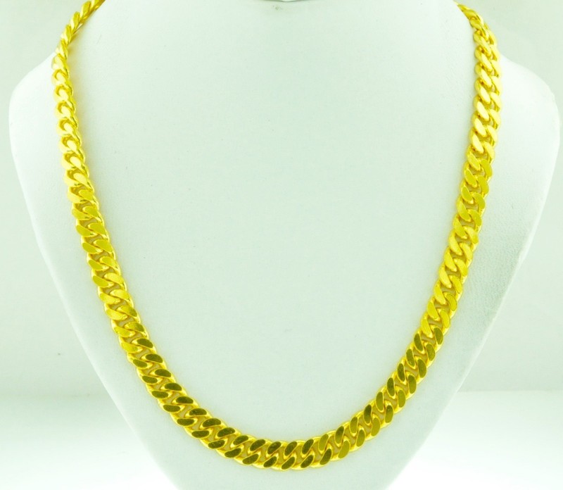 24K Yellow Gold Flat Curb Link Handmade Chain Necklace Yellow Gold 80.00 grams