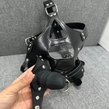 Bondage PVC Leather Head Hood Harness Headgear Mask Plug Mouth Gag Restraint Kit