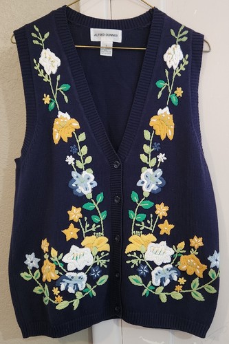 Vintage Alfred Dunner Womens S Navy Blue Acrylic Cotton Floral Knit Button Vest