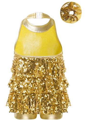 Kids Girls Sequins Ballet Dance Dress Sleeveless Halter Latin Leotard Dancewear - Picture 9 of 58