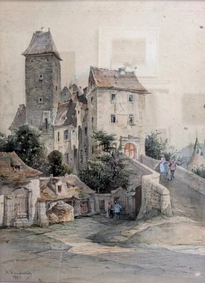 Hermann Moritz WUNDERLICH 1839-1915 Aquarell SIGNIERT 1893 BURG Altstadt Paar - Bild 1 von 4