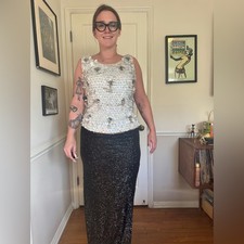 60s Vintage White Paillette Sequin Knit Blouse Sz Large