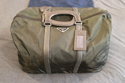 Prada Large Boston Bag Army Green Nylon Triangular Plate Travel Duffel Bag