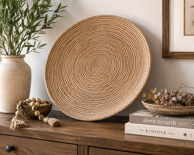 Vintage 19'' Handwoven Coil Grass Basket Shallow Tonga Platter Tray Coastal Decor