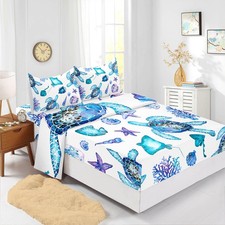 Blue Sea Turtle 4Pcs Queen Ocean Coral Starfish Shell Fish Bedding Set for Ki...