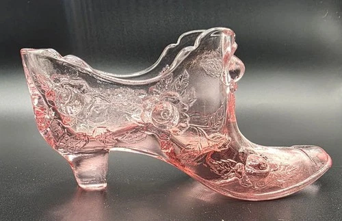 Fenton Vintage Dusty Pink Cabbage Rose Glass Slipper Shoes Boot 6"×3"×1.25"