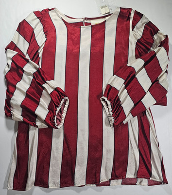 NWT Anthropologie Maeve Maria Balloon Sleeve Striped Satin Blouse Red White 12