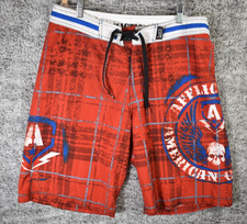 Y2K Affliction Board Shorts Mens 34 Red Plaid 11" Skull Lighning Graphic AOP