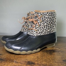 Sperry Saltwater Animal Leopard Print Duck Boots Big Girl Sz 4 Water Resistant