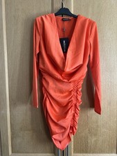 Womens Dress Size 8 PRETTYLITTLETHING Orange Ruched BNWT Party Evening Wear New