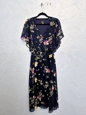 DKNY Midi Dress Size 12 Navy Blue Floral Summer Flutter Sleeve Boho Wedding Tea