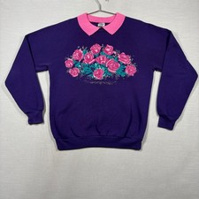 Vintage Collared Sweatshirt Women L Purple Pink Floral Grandma Cottagecore