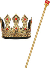 Gold Royal King Crown and Scepter Set, Medieval Costume Accessories for Men