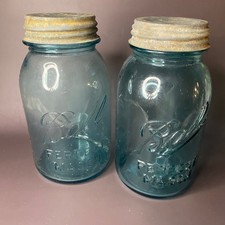 Rare Antique Blue Glass Ball Perfect Mason Jars-Zinc Lids-Set of Two