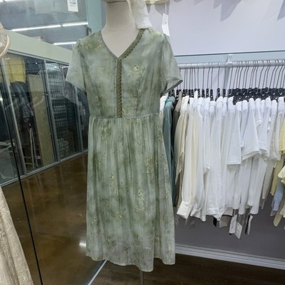 Green Floral V-Neck Short Sleeve Button Front A-Line Knee Length Dress L