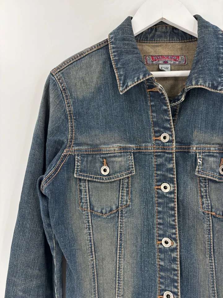 Chaqueta vaquera vintage plateada para mujer grande azul lavado ácido oscuro botones Y2K Foto 2 de 4