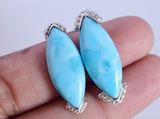 Natural Larimar Gemstone Marquise Stud Earrings 925 Sterling Silver Fine Jewelry