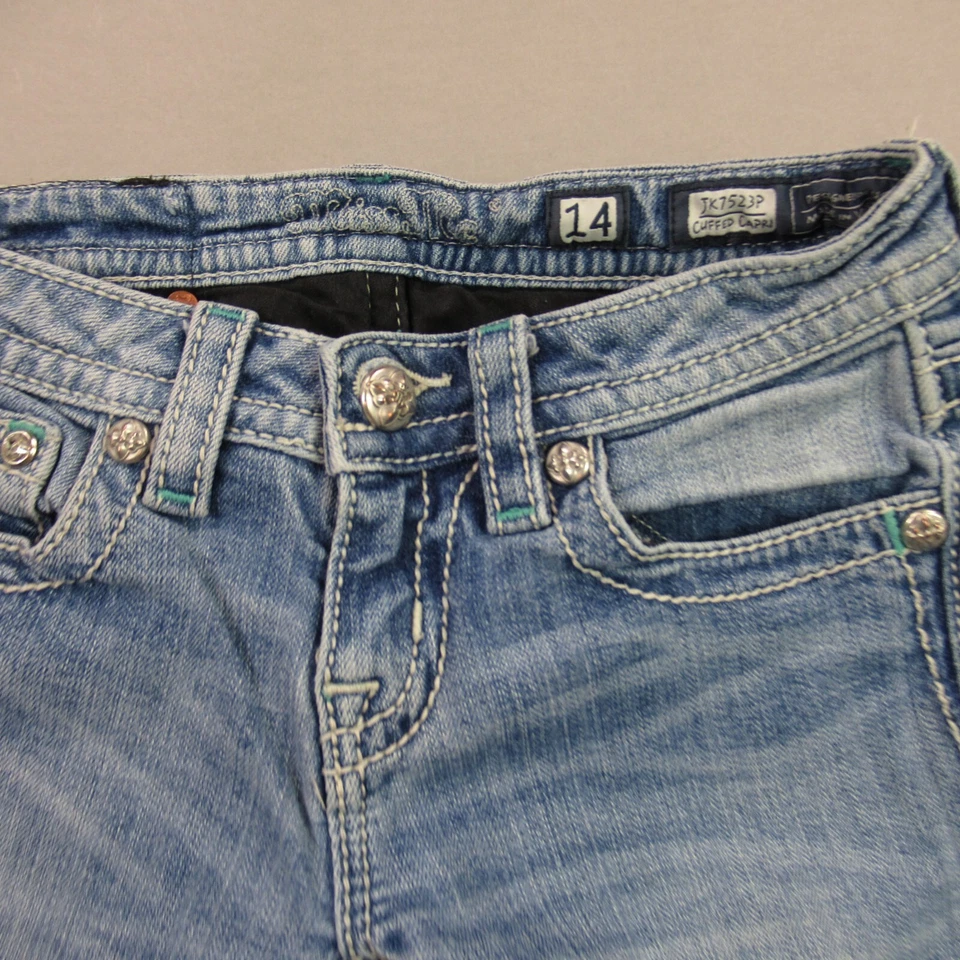 Pantalones de mezclilla Miss Me para niñas 14 bolsillos informales 5 bolsillos al aire libre con puños Capri Foto 2 de 4