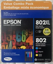 Epson 802XL Black & Epson 802 Cyan Magenta Yellow Ink Set T802XL-BCS Retail Pack