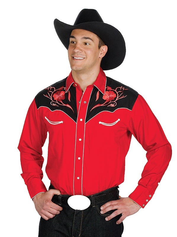 Mens Western Cowboy Shirt Retro Floral Red Black