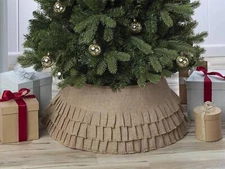 New Traditions Burlap Stand Band Christmas Tree Collar w/Tiered Ruffles 26" Dia