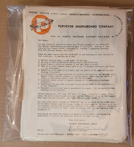 stack of paperwork from Purveyor Shuffleboard Co., 1950s-1970s