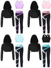 Kids Girls Crop Top Colorblock Outfit Gym Set Workout Vest Drawstring Pant Jazz