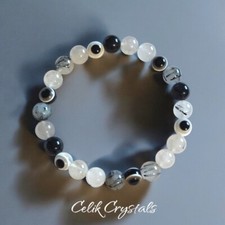 Tourmaline Quartz  Evil Eye Bracelet Handmade Natural Stones 8mm Unisex Stretch
