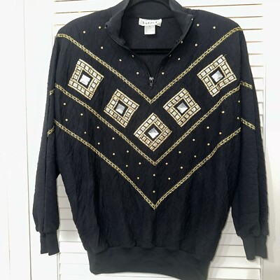Rafael Small Black Knit Vintage Embellished W/Gold threads Zip-Up Dolman Sleeves