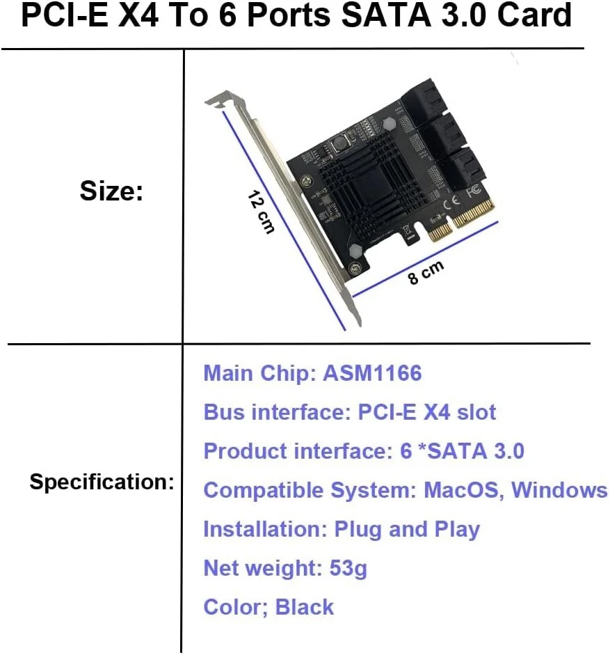6 Port PCI-E Expansion Card Adapter PCI-E x4x8x16 6G SATA3.0 For ASMedia ASM1166 - Image 4 of 4